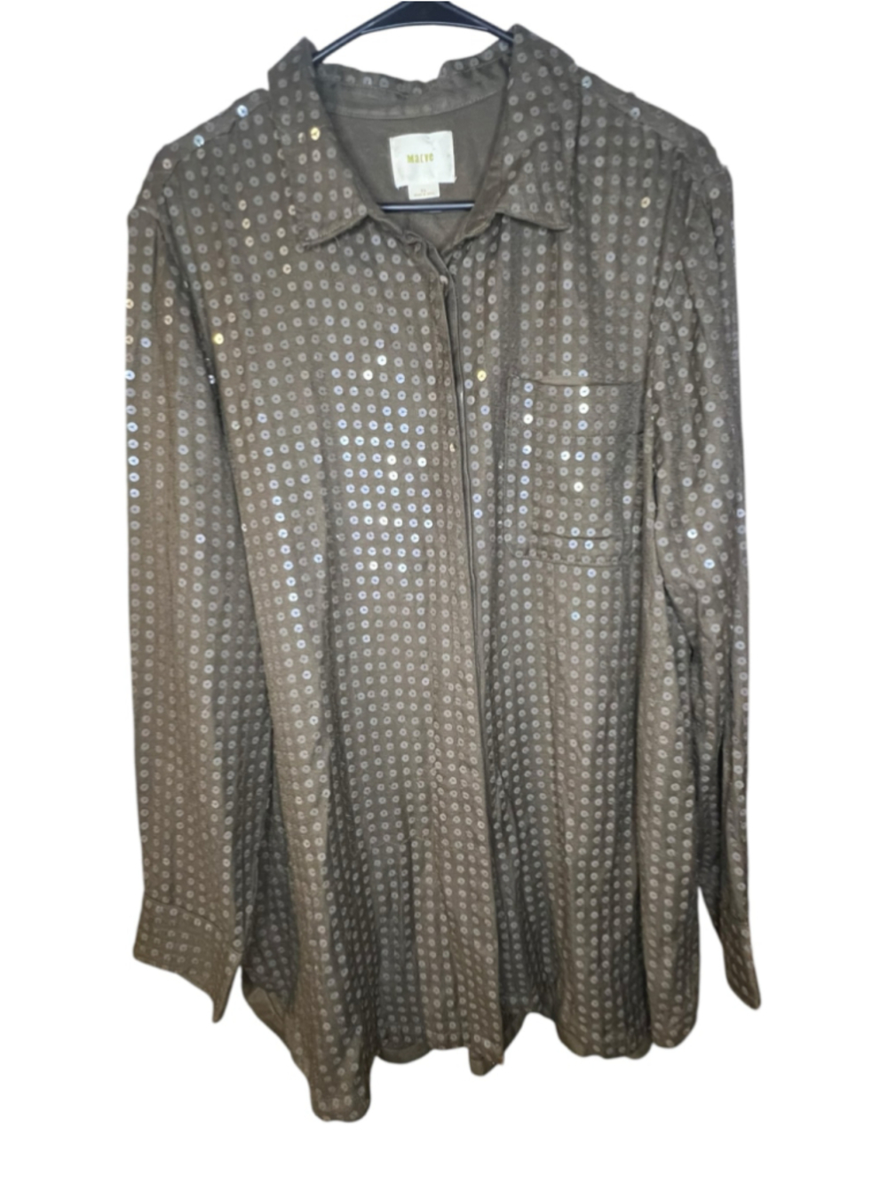 Maeve Anthropologie Olive Green Sequin Covered Oversized Long Sleeve Button Down